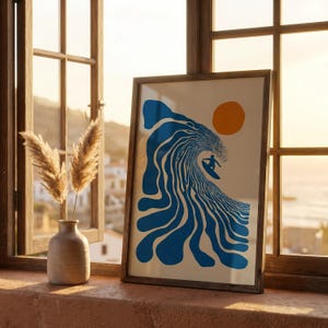 Retro Surfer Art Print | Abstract Wave Wall Art | Coastal Beach Decor | Minimalist Surf Poster | Blue Ocean Wave Print Unframed image 5