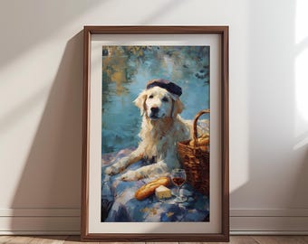 May include: A framed art print depicts a Golden Retriever wearing a beret, enjoying a picnic. The dog is lying on a blue patterned blanket, with a basket, wine glass, bread, and cheese. The background shows a body of water.
