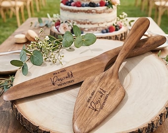 Wedding Cake Knife Set Personalized Engraved Name Acacia Wood Server Bridal Shower Gift Wedding Reception Decor Anniversary Engagement Gift