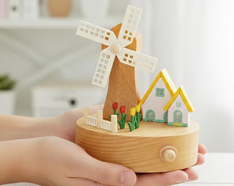 Nursery Decor Windmill Music Box, Personalized Wooden Box, Engraved Name, Beech Wood, Baby Shower Gift, Birthday Keepsake, Kids' Home Room