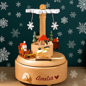 Personalized Wooden Christmas Music Box Santa Sleigh Reindeer Carousel Snowflake, Holiday Gift for Kids, Family, Friends, Xmas Ornament