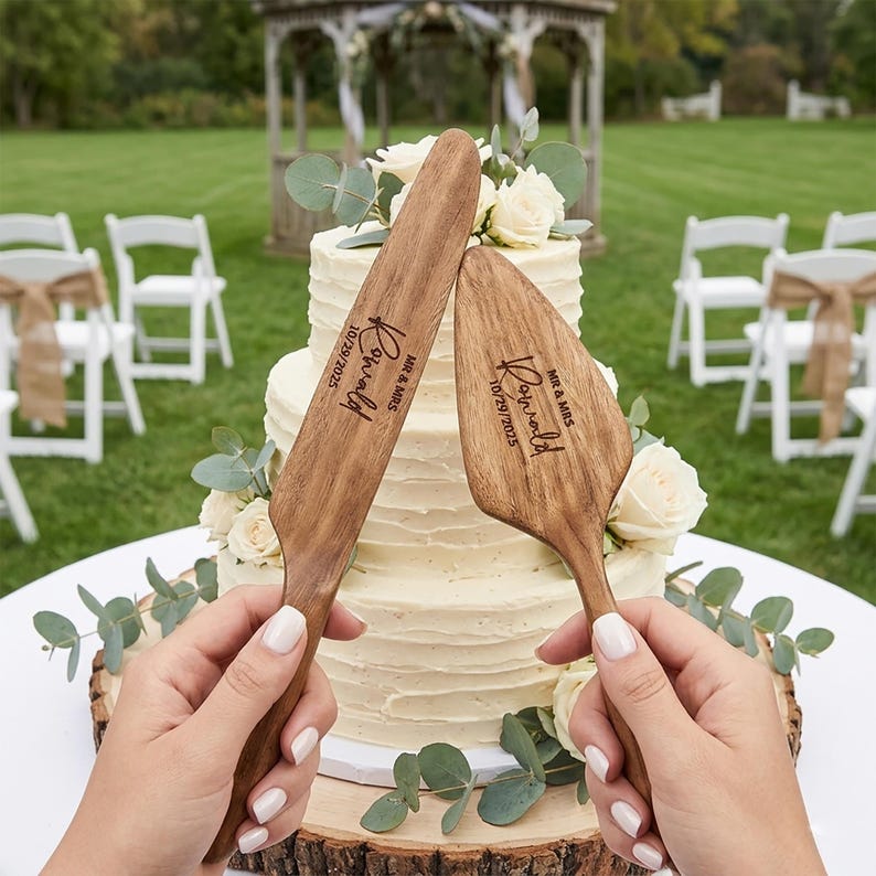 Pu&ograve; includere: Set di coltello e paletta per torta in legno con testo inciso. Il coltello e la paletta sono tenuti davanti a una torta bianca a pi&ugrave; strati decorata con rose bianche e verde. Il testo sul coltello e sulla paletta recita "Ronald" e "10/29/2025".