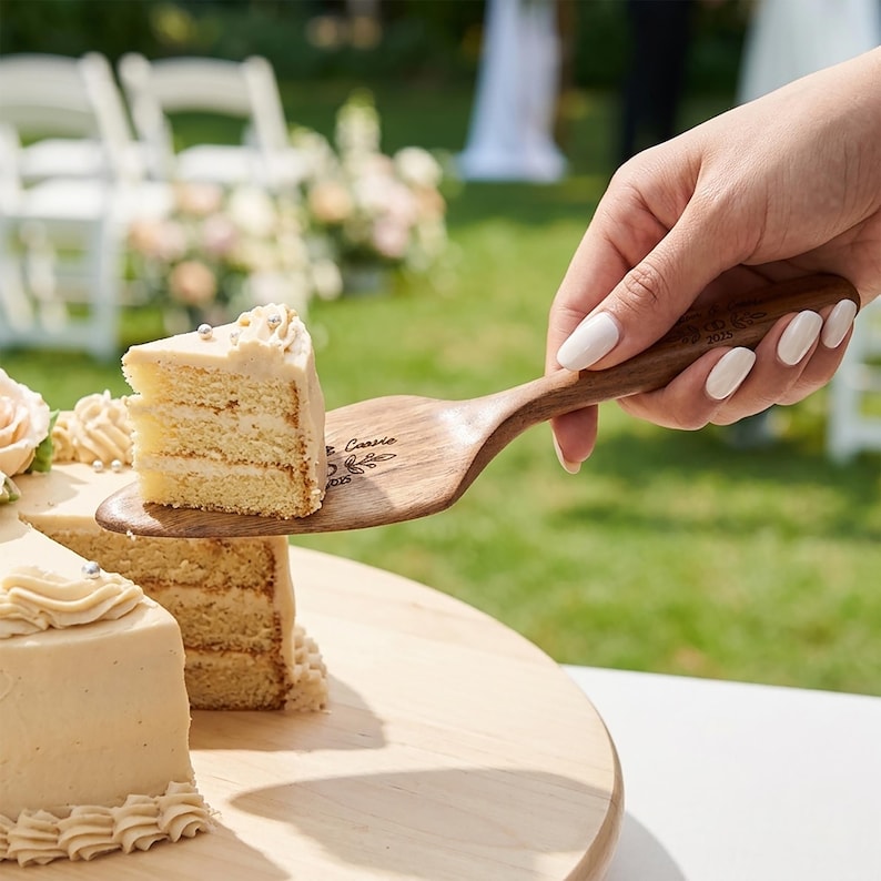 Set di coltelli per torta nuziale con nome personalizzato inciso, in legno di acacia, regalo per addio al nubilato, decorazione per ricevimento di nozze, regalo di anniversario e fidanzamento. immagine 4