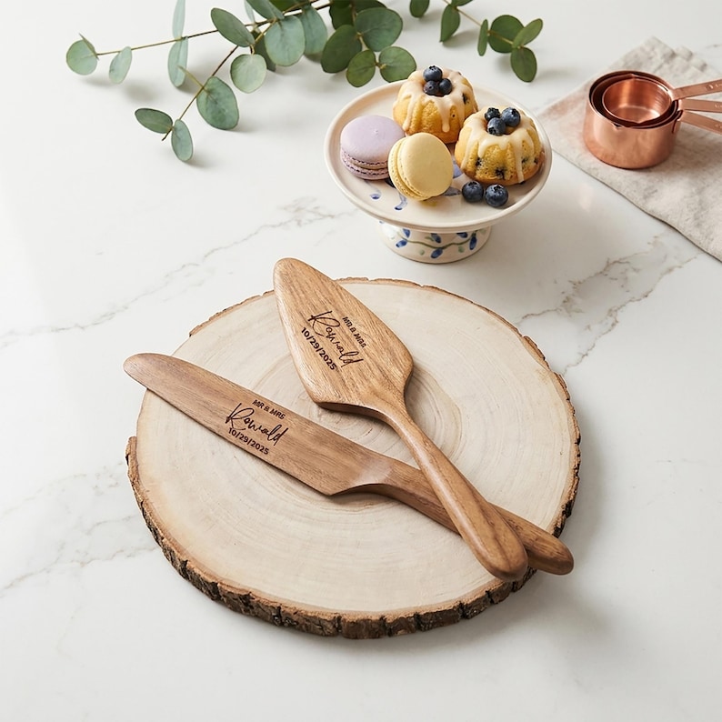 Pu&ograve; includere: Set di coltello e server per torte in legno con nomi e data incisi su una fetta di legno. Il set &egrave; vicino a un piccolo alzatina per torte con mini torte e macaron. Sono visibili anche misurini in rame.