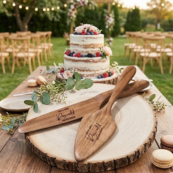 Wedding Cake Knife Set Personalized Engraved Name Acacia Wood Server Bridal Shower Gift Wedding Reception Decor Anniversary Engagement Gift