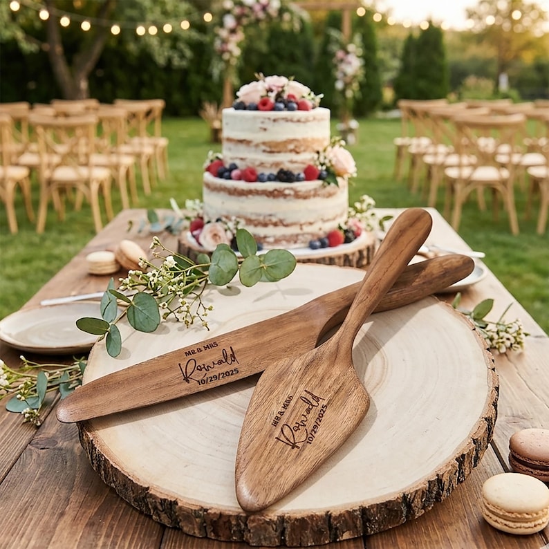 Pu&ograve; includere: Un set di coltello e paletta per torta in legno con l'iscrizione "MR & MRS, Ranwald, 10/29/2025" su una fetta di legno. Una torta a due piani con bacche e fiori sullo sfondo, in un'ambientazione da cerimonia nuziale.