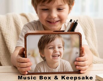 Personalized Wooden Photo Music Box, Engraved Picture Frame, Pen Holder Desk Organizer, Vanity Makeup Gift, Wedding Anniversary Keepsake