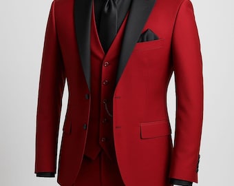 【レッド】タキシード　新郎セット　SUIT SELECT ウェディング レッドタキシードスーツ - 2ピースウェディングスーツ、オーダーメイド