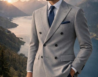 Grey Double-Breasted Suit Men: Slim Fit Formal Business Wedding Wear