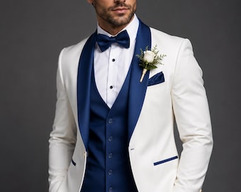 Costume 3 pièces smoking homme bleu ivoire à revers châle | Tenues de soirée sur mesure