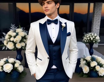 Weiß / Marineblauer 3-Teiliger Slim Fit Smoking - Hochzeitsanzug mit Revers