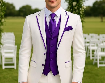 White & Purple Wedding Suit | Slim Fit Groom Tuxedo