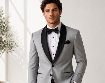 Men's Silver Grey Tuxedo | Black Satin Shawl Collar Tailored Wedding Suit