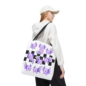 Axolotl Checkered Tote Bag, Fun Aqua Lover Gift, Eco-Friendly Bag, Kawaii Beach Tote, Cute Animal Grocery Bag, Adorable Shopping Tote