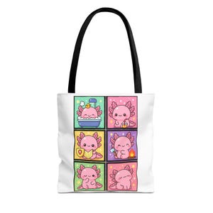 Cute Colorful Axolotls Camping Tote Bag, Fun Axolotl Lover Gift, Kawaii Beach Tote, Grocery Bag, Adorable Shopping Tote, Exploring