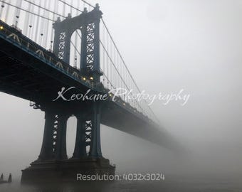 Moody Manhattan Bridge Fog Print, New York City Digital Wall Art, NYC Bridge Photography, Urban Misty Landscape, Printable Art Decor