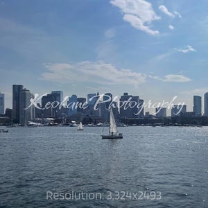 Boston Skyline Digital Print — Modern Cityscape Wall Art, Boston Harbor Sailboats Photo, Massachusetts Skyline Decor, Printable Boston Art