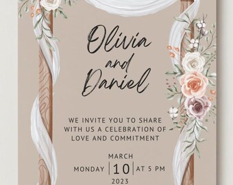 以下が含まれることがあります： 「Olivia and Daniel」と書かれたウェディング招待状。バラと緑のフローラルアレンジメント、ドレープされた布の要素がデザインに含まれています。招待状には、イベントの日時と場所が記載されています。