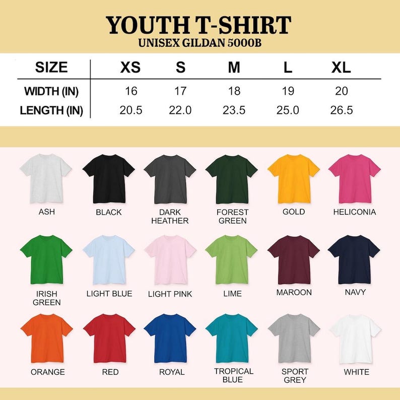 May include: A chart displaying a variety of Youth T-shirts in various colors, including Ash, Black, Dark Heather, Forest Green, Gold, and Heliconia. The chart also shows size measurements in inches for width and length, ranging from XS to XL.