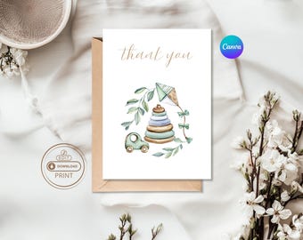 Boho-babyshower bedankkaartsjabloon • Babyshower neutraal geslacht • Digitale bewerkbare canvaskaarten • Afdrukbare babyshower