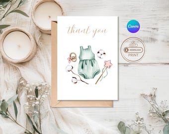 Boho persoonlijke bedankkaartsjabloon babyshower • Babyshower neutraal geslacht meisje • Digitale bewerkbare canvaskaarten • Afdrukbare babyshower