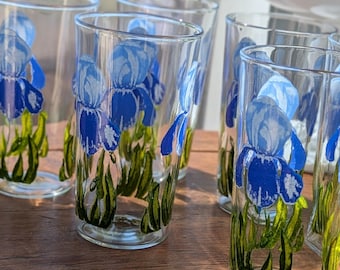Anchor Hocking Blue Iris Juice Glasses Set of 6 | Purple Iris | Clear Glass | 1950s Drinkware