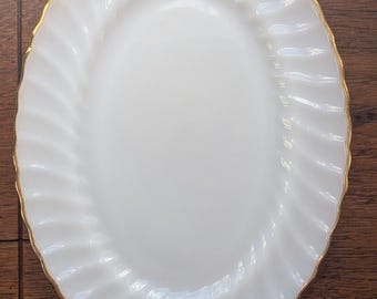 Anchor Hocking Golden Shell Milk Glass Platter | 13 inch Oval | 22K Gold Trim | Mid-Century Modern