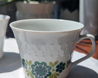 Mitterteich Bavaria Green Mod Floral 6oz Cups Set of 2 | Embossed Porcelain | 1970s Kitchen | German China | Cottagecore | Retro Kitchen
