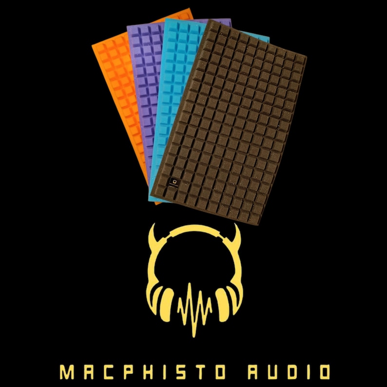 May include: A collection of colorful, textured soundproofing panels in orange, purple, blue, and brown. The panels have a grid-like pattern. The image also features a yellow logo of headphones with horns and the text "MACPHISTO AUDIO" at the bottom.