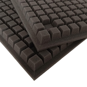 May include: Two dark gray foam sheets with a grid of square protrusions. The foam has a textured surface and is designed to absorb sound. The sheets are rectangular and are likely used for soundproofing or acoustic treatment.