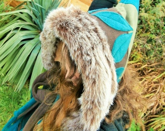 SCOODIE Hood/Hat/Scarf, Pixie Hood, Leafy woodland hood, magic Faerie Fairy Elf Fleece Fake Fur