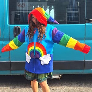 Rainbow Festival Coat – Handmade Faerie Hooded Jacket – Whimsical Fairycore Clothing – Colourful Boho Pixie Wear – Rainbow Hoodie