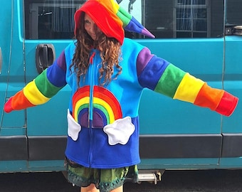 Rainbow Festival Coat – Handmade Faerie Hooded Jacket – Whimsical Fairycore Clothing – Colourful Boho Pixie Wear – Rainbow Hoodie