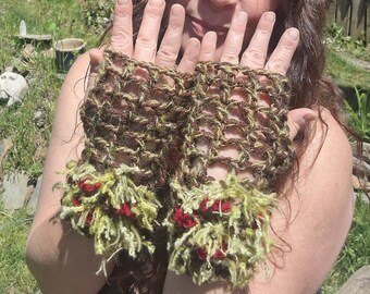 Wimsical Mushroom Handwarmers, Cottagecore accessories, Forest Inspired Wrist Warmers, Witchy Gift, Fairy cuffs