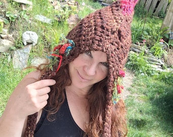 Woodland Pixie Crochet Hat, Fairy Festival Hood, Goblincore Hat, Whimsical Elf Bonnet, Cottagecore Fae Accessories, handmade
