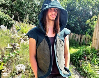 Men's Woodland Hooded Vest, Druid Leaf Vest, Fantasy Festival Clothing, Forest Pixie Hooded Waistcoat, Handmade Alternative Menswear