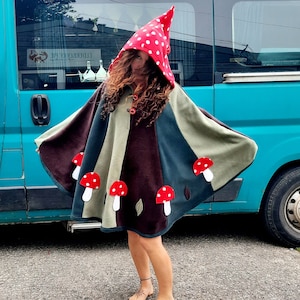 Adult Pixie Poncho, Woodland greens, red fly agaric, Toadstools, mushrooms, amanita, Elf costume