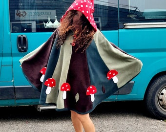 Poncho Pixie para adultos, verdes del bosque, agárico de mosca roja, hongos, amanita, disfraz de elfo