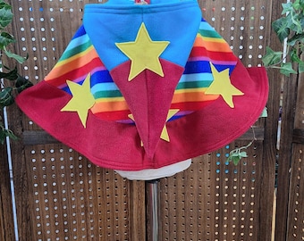Kids Rainbow Fleece Poncho with Star Pockets, Hooded Cape