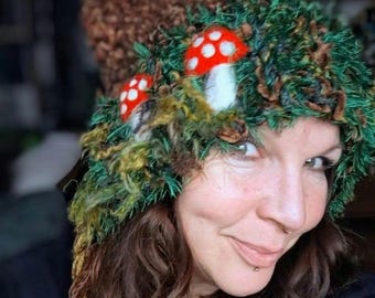 Crochet mushroom Hat, Needle Felted Mushrooms, Fairycore hat with ears, cottagecore stlye, cozy core