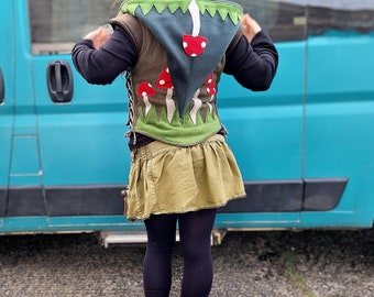 Hooded Mushroom Pixie Vest, Woodland Fairycore Clothing, Cottagecore Festival Outfit