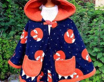 Fox hooded poncho for kids - Handmade fox cape with ears and pockets - Woodland costume cloak