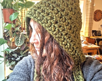 Cappello da folletto all'uncinetto fatto a mano, berretto verde spesso