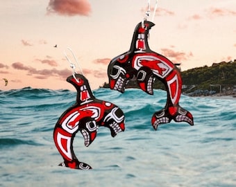 Handpainted Haidi Art Orca Earrings Pacific Northwest Killer