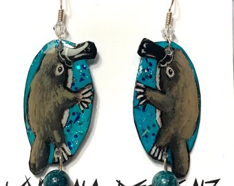 Hand-Painted Platypus Earrings, Sterling Wires, Wildlife Jewelry