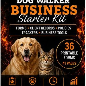 Peut inclure: Un kit de démarrage pour entreprise de garde d'animaux et de promenade de chiens avec un golden retriever et un chat tigré sur fond noir aux accents de feu orange. Le texte indique "Pet Sitter & Dog Walker Business Starter Kit" et "36 Printable Forms".