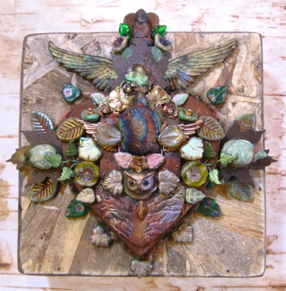 Lavender Heart Portal   Owl Turtle Buddha Totem mixed media assemblage