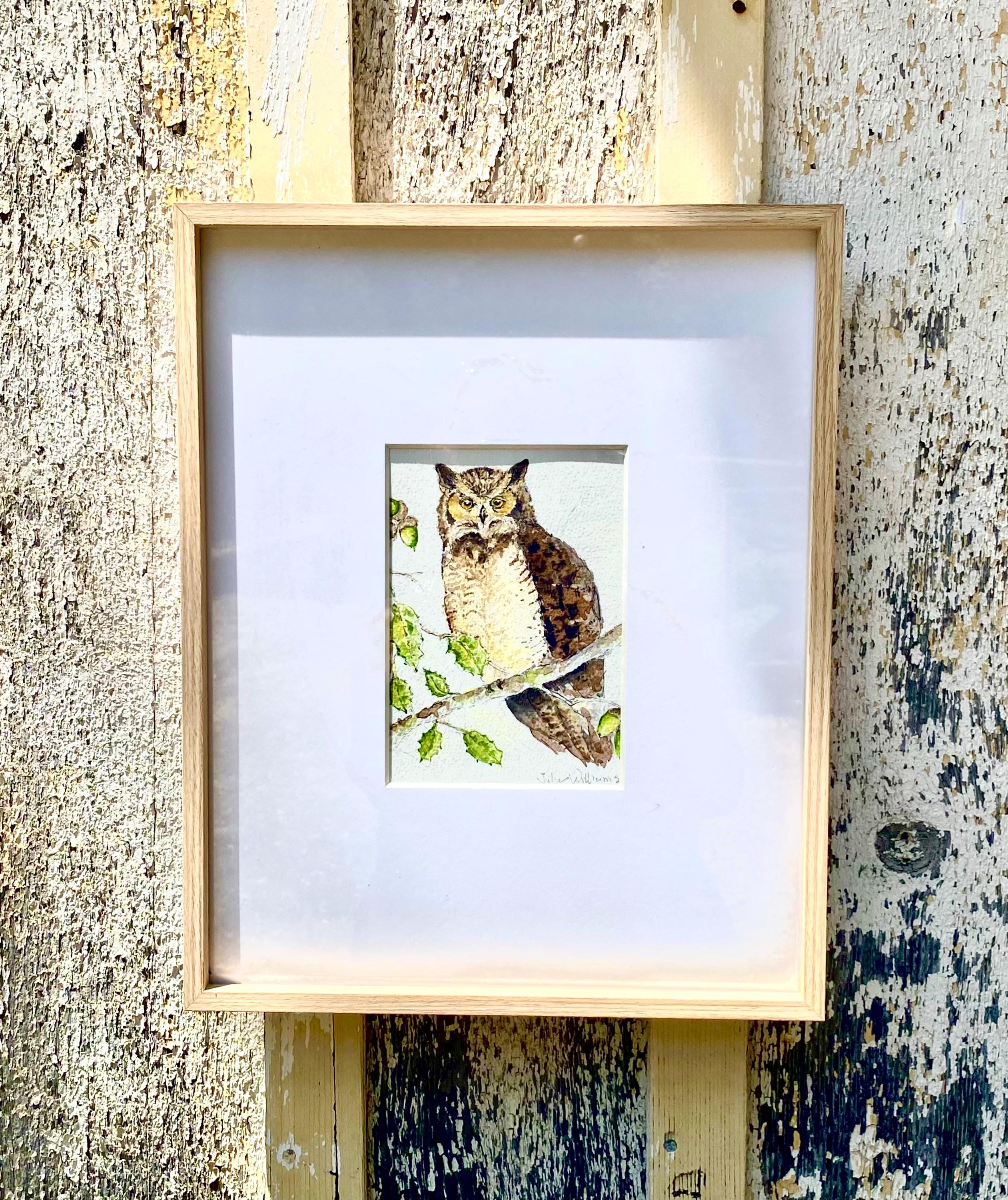 Framed Great Horned Owl watercolor, original, signed, Arches paper. Pair with the other Owl painting