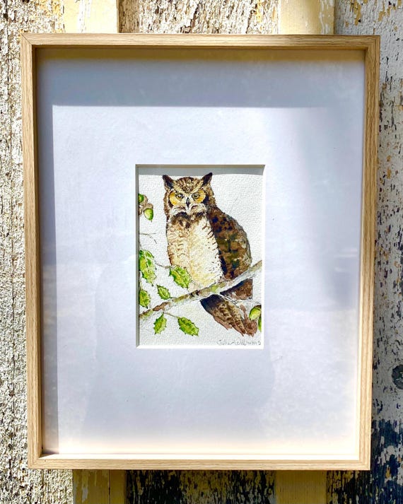 Framed Great Horned Owl Watercolor, Signed Arches Paper, Wildlife Art (5"x7")