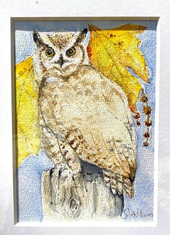 Great Horned Owl Original Watercolor Painting, Sycamore Leaves, Wildlife Art